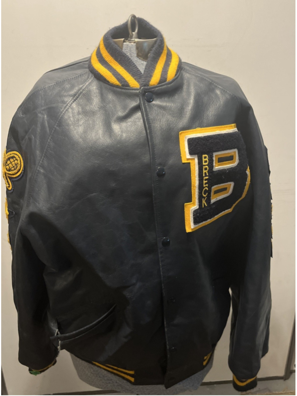 Vintage Genuine Leather Varsity Letterman Jacket Navy Gold Tennis Patches Sz L